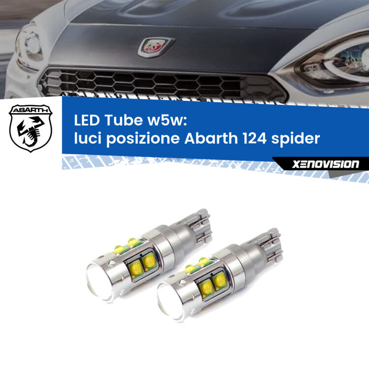 0 Luci posizione LED W5W Abarth 124 spider 2016-2019 W5W Tube <strong>Luci posizione LED 6000k per Abarth 124 spider</strong> 2016-2019. Lampadine <strong>W5W</strong> canbus modello Tube, luce bianco lunare, lunga durata e compatibilità.