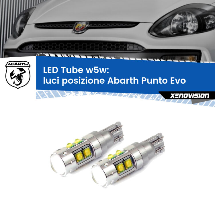 0 Luci posizione LED W5W Abarth Punto Evo  2010-2014 W5W Tube <strong>Luci posizione LED 6000k per Abarth Punto Evo</strong>  2010-2014. Lampadine <strong>W5W</strong> canbus modello Tube, luce bianco lunare, lunga durata e compatibilità.