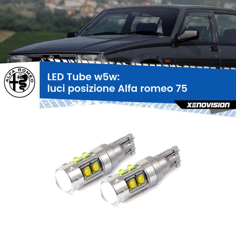 0 Luci posizione LED W5W Alfa romeo 75 1985-1992 W5W Tube <strong>Luci posizione LED 6000k per Alfa romeo 75</strong> 1985-1992. Lampadine <strong>W5W</strong> canbus modello Tube, luce bianco lunare, lunga durata e compatibilità.