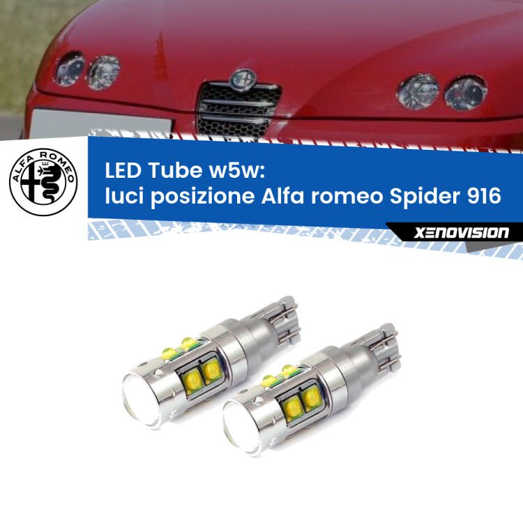 0 Luci posizione LED W5W Alfa romeo Spider 916 1995-2005 W5W Tube <strong>Luci posizione LED 6000k per Alfa romeo Spider</strong> 916 1995-2005. Lampadine <strong>W5W</strong> canbus modello Tube, luce bianco lunare, lunga durata e compatibilità.