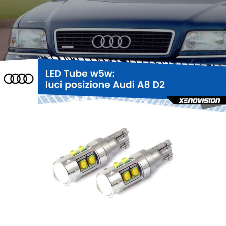 0 Luci posizione LED W5W Audi A8 D2 1994-1998 W5W Tube <strong>Luci posizione LED 6000k per Audi A8</strong> D2 1994-1998. Lampadine <strong>W5W</strong> canbus modello Tube, luce bianco lunare, lunga durata e compatibilità.
