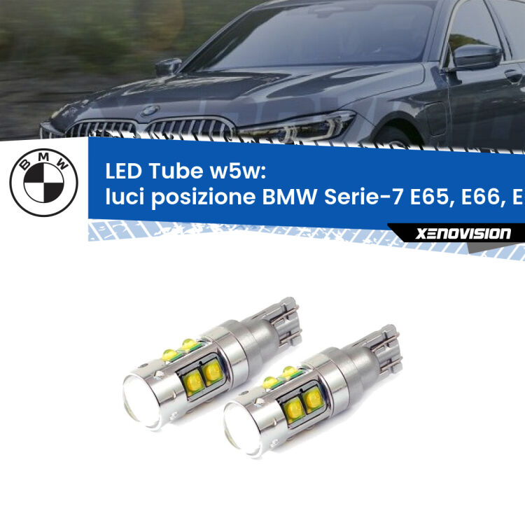 0 Luci posizione LED W5W BMW Serie-7 E65, E66, E67 2001-2008 W5W Tube <strong>Luci posizione LED 6000k per BMW Serie-7</strong> E65, E66, E67 2001-2008. Lampadine <strong>W5W</strong> canbus modello Tube, luce bianco lunare, lunga durata e compatibilità.