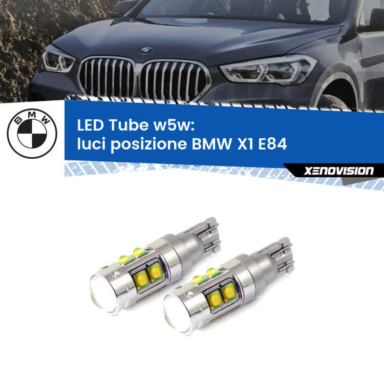 0 Luci posizione LED W5W BMW X1 E84 2009-2015 W5W Tube <strong>Luci posizione LED 6000k per BMW X1</strong> E84 2009-2015. Lampadine <strong>W5W</strong> canbus modello Tube, luce bianco lunare, lunga durata e compatibilità.