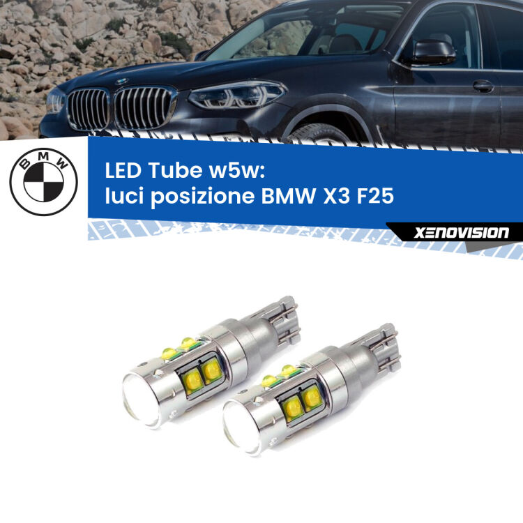 0 Luci posizione LED W5W BMW X3 F25 2010-2016 W5W Tube <strong>Luci posizione LED 6000k per BMW X3</strong> F25 2010-2016. Lampadine <strong>W5W</strong> canbus modello Tube, luce bianco lunare, lunga durata e compatibilità.
