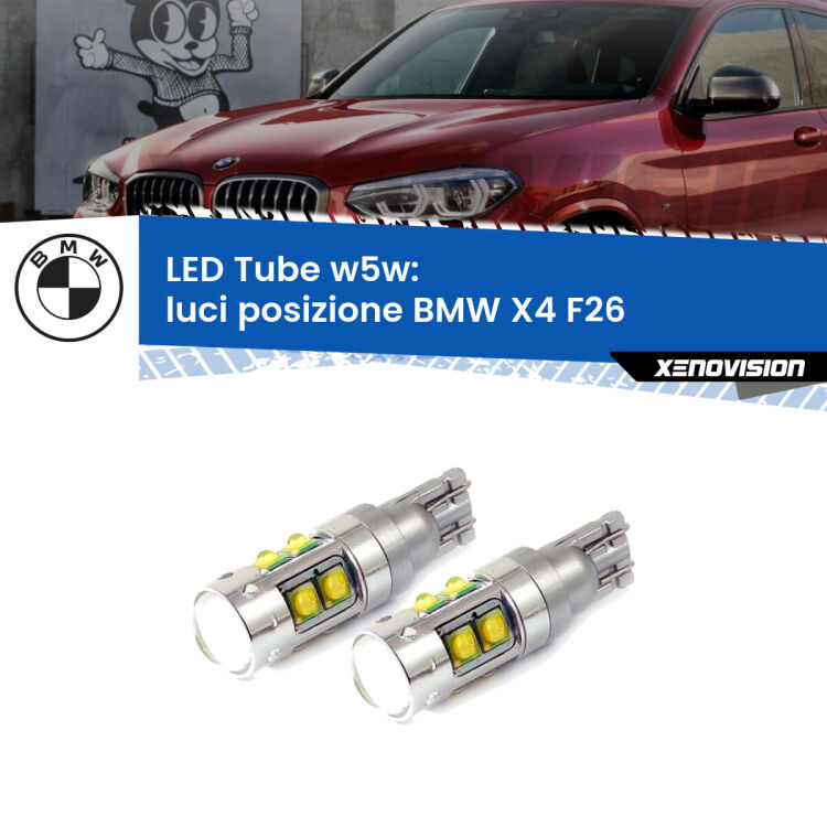 0 Luci posizione LED W5W BMW X4 F26 2014-2017 W5W Tube <strong>Luci posizione LED 6000k per BMW X4</strong> F26 2014-2017. Lampadine <strong>W5W</strong> canbus modello Tube, luce bianco lunare, lunga durata e compatibilità.