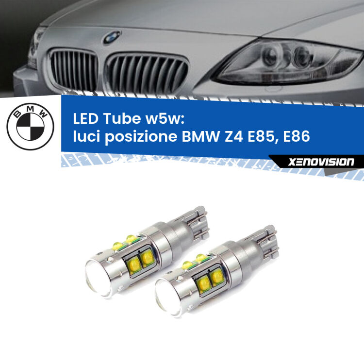 0 Luci posizione LED W5W BMW Z4 E85, E86 2003-2008 W5W Tube <strong>Luci posizione LED 6000k per BMW Z4</strong> E85, E86 2003-2008. Lampadine <strong>W5W</strong> canbus modello Tube, luce bianco lunare, lunga durata e compatibilità.
