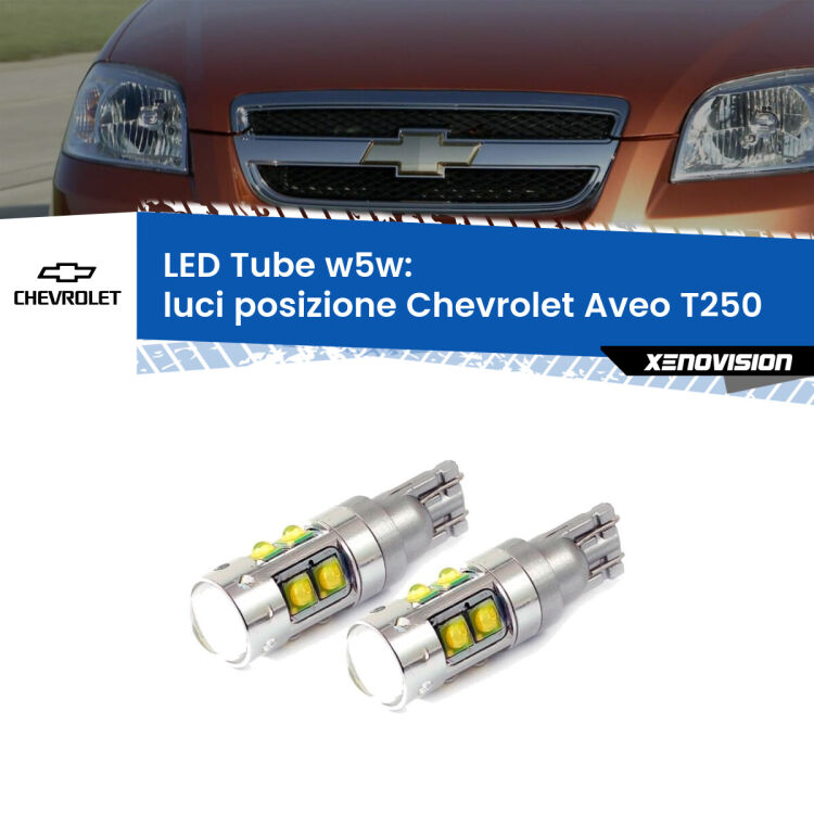 0 Luci posizione LED W5W Chevrolet Aveo T250 2005-2011 W5W Tube <strong>Luci posizione LED 6000k per Chevrolet Aveo</strong> T250 2005-2011. Lampadine <strong>W5W</strong> canbus modello Tube, luce bianco lunare, lunga durata e compatibilità.