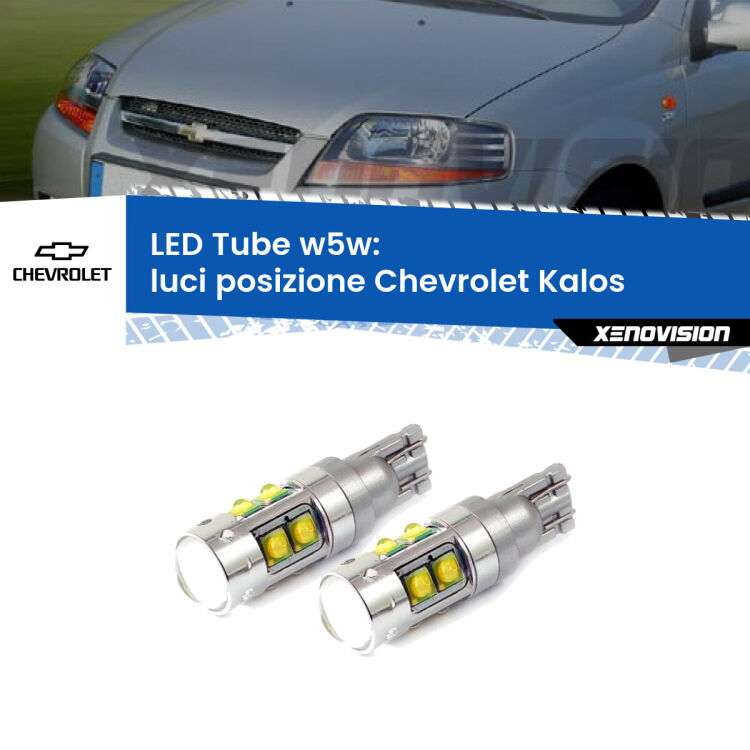 0 Luci posizione LED W5W Chevrolet Kalos  2005-2008 W5W Tube <strong>Luci posizione LED 6000k per Chevrolet Kalos</strong>  2005-2008. Lampadine <strong>W5W</strong> canbus modello Tube, luce bianco lunare, lunga durata e compatibilità.