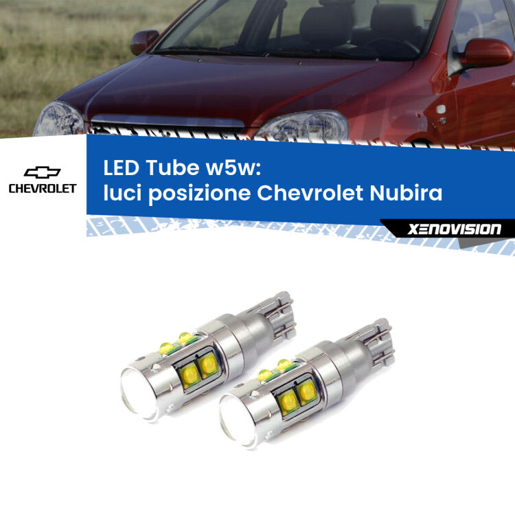 0 Luci posizione LED W5W Chevrolet Nubira 2005-2011 W5W Tube <strong>Luci posizione LED 6000k per Chevrolet Nubira</strong> 2005-2011. Lampadine <strong>W5W</strong> canbus modello Tube, luce bianco lunare, lunga durata e compatibilità.