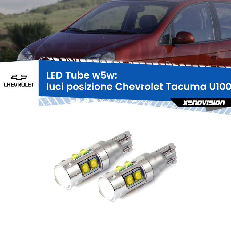 0 Luci posizione LED W5W Chevrolet Tacuma U100 2005-2008 W5W Tube <strong>Luci posizione LED 6000k per Chevrolet Tacuma</strong> U100 2005-2008. Lampadine <strong>W5W</strong> canbus modello Tube, luce bianco lunare, lunga durata e compatibilità.
