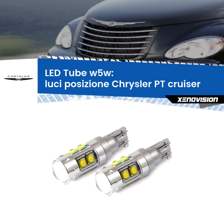 0 Luci posizione LED W5W Chrysler PT cruiser 2000-2010 W5W Tube <strong>Luci posizione LED 6000k per Chrysler PT cruiser</strong> 2000-2010. Lampadine <strong>W5W</strong> canbus modello Tube, luce bianco lunare, lunga durata e compatibilità.