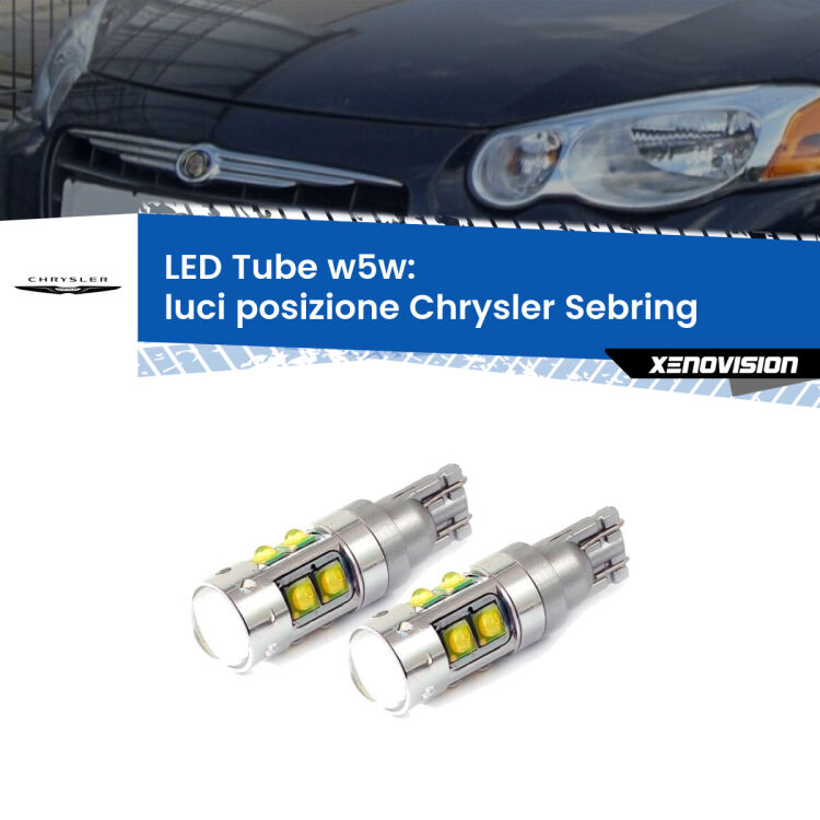 0 Luci posizione LED W5W Chrysler Sebring  2001-2007 W5W Tube <strong>Luci posizione LED 6000k per Chrysler Sebring</strong>  2001-2007. Lampadine <strong>W5W</strong> canbus modello Tube, luce bianco lunare, lunga durata e compatibilità.