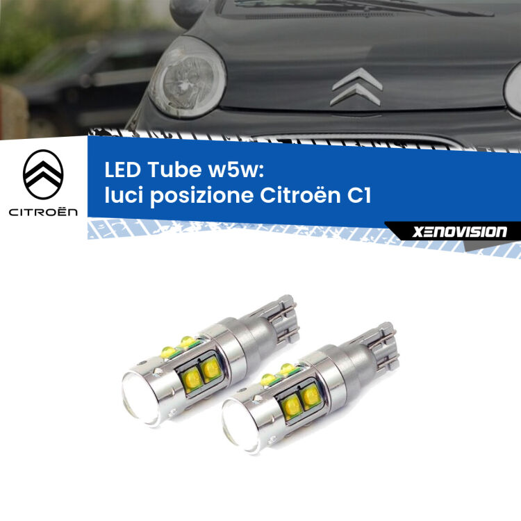 0 Luci posizione LED W5W Citroën C1 2005-2013 W5W Tube <strong>Luci posizione LED 6000k per Citroën C1</strong> 2005-2013. Lampadine <strong>W5W</strong> canbus modello Tube, luce bianco lunare, lunga durata e compatibilità.