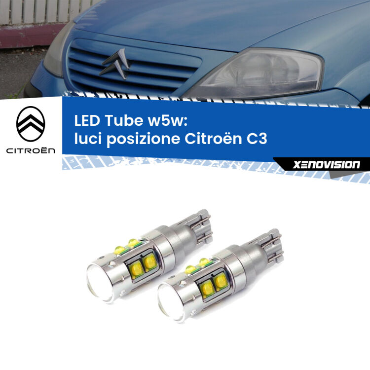 0 Luci posizione LED W5W Citroën C3  2002-2009 W5W Tube <strong>Luci posizione LED 6000k per Citroën C3</strong>  2002-2009. Lampadine <strong>W5W</strong> canbus modello Tube, luce bianco lunare, lunga durata e compatibilità.