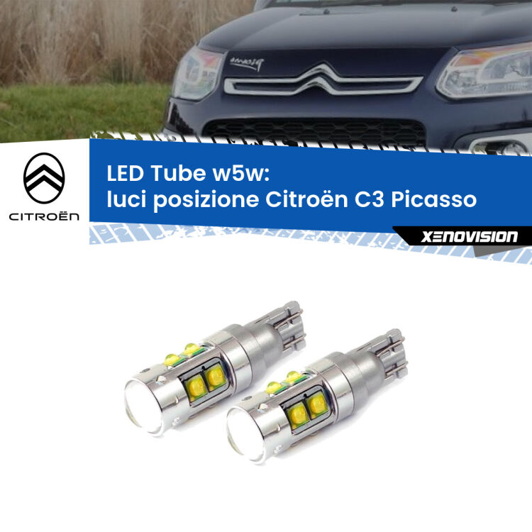 0 Luci posizione LED W5W Citroën C3 Picasso 2009-2016 W5W Tube <strong>Luci posizione LED 6000k per Citroën C3 Picasso</strong> 2009-2016. Lampadine <strong>W5W</strong> canbus modello Tube, luce bianco lunare, lunga durata e compatibilità.