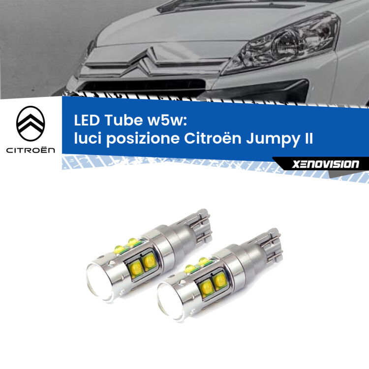 0 Luci posizione LED W5W Citroën Jumpy II 2006-2015 W5W Tube <strong>Luci posizione LED 6000k per Citroën Jumpy</strong> II 2006-2015. Lampadine <strong>W5W</strong> canbus modello Tube, luce bianco lunare, lunga durata e compatibilità.