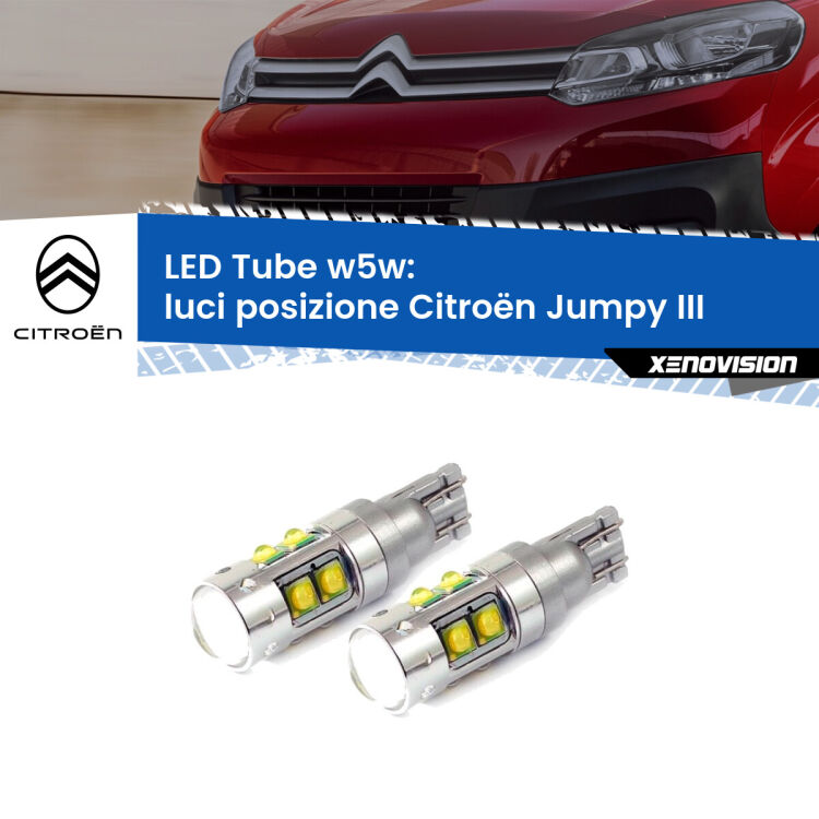 0 Luci posizione LED W5W Citroën Jumpy III 2016in poi W5W Tube <strong>Luci posizione LED 6000k per Citroën Jumpy</strong> III 2016in poi. Lampadine <strong>W5W</strong> canbus modello Tube, luce bianco lunare, lunga durata e compatibilità.