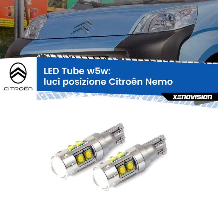 0 Luci posizione LED W5W Citroën Nemo 2008in poi W5W Tube <strong>Luci posizione LED 6000k per Citroën Nemo</strong> 2008in poi. Lampadine <strong>W5W</strong> canbus modello Tube, luce bianco lunare, lunga durata e compatibilità.