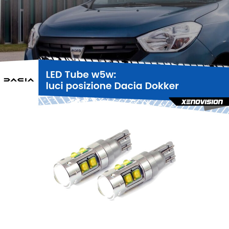 0 Luci posizione LED W5W Dacia Dokker 2012in poi W5W Tube <strong>Luci posizione LED 6000k per Dacia Dokker</strong> 2012in poi. Lampadine <strong>W5W</strong> canbus modello Tube, luce bianco lunare, lunga durata e compatibilità.
