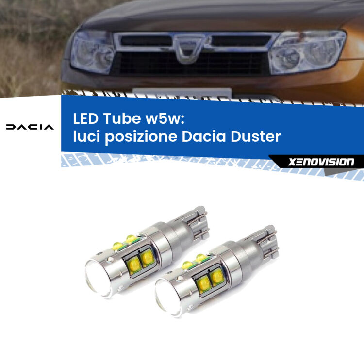 0 Luci posizione LED W5W Dacia Duster  senza luci diurne W5W Tube <strong>Luci posizione LED 6000k per Dacia Duster</strong>  senza luci diurne. Lampadine <strong>W5W</strong> canbus modello Tube, luce bianco lunare, lunga durata e compatibilità.