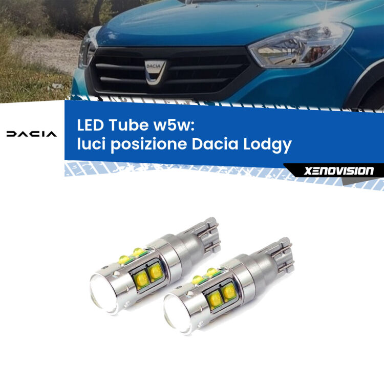 0 Luci posizione LED W5W Dacia Lodgy 2012in poi W5W Tube <strong>Luci posizione LED 6000k per Dacia Lodgy</strong> 2012in poi. Lampadine <strong>W5W</strong> canbus modello Tube, luce bianco lunare, lunga durata e compatibilità.