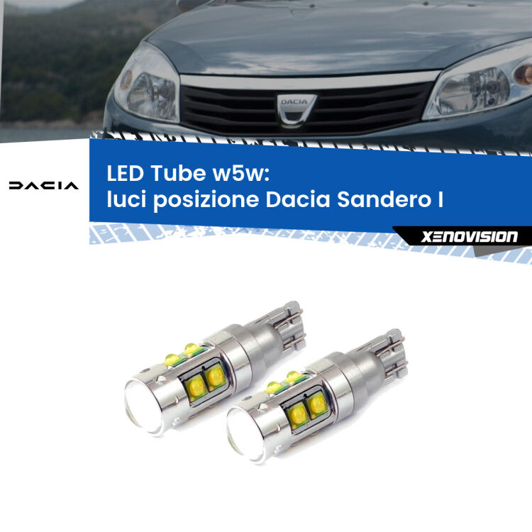 0 Luci posizione LED W5W Dacia Sandero I 2008-2012 W5W Tube <strong>Luci posizione LED 6000k per Dacia Sandero I</strong> 2008-2012. Lampadine <strong>W5W</strong> canbus modello Tube, luce bianco lunare, lunga durata e compatibilità.