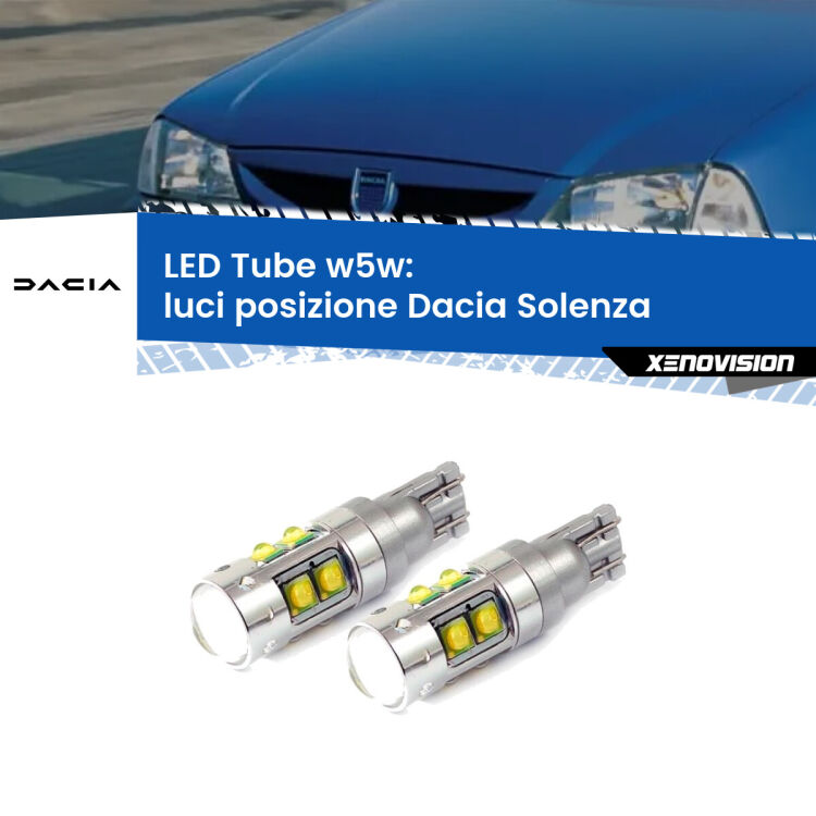 0 Luci posizione LED W5W Dacia Solenza 2003in poi W5W Tube <strong>Luci posizione LED 6000k per Dacia Solenza</strong> 2003in poi. Lampadine <strong>W5W</strong> canbus modello Tube, luce bianco lunare, lunga durata e compatibilità.