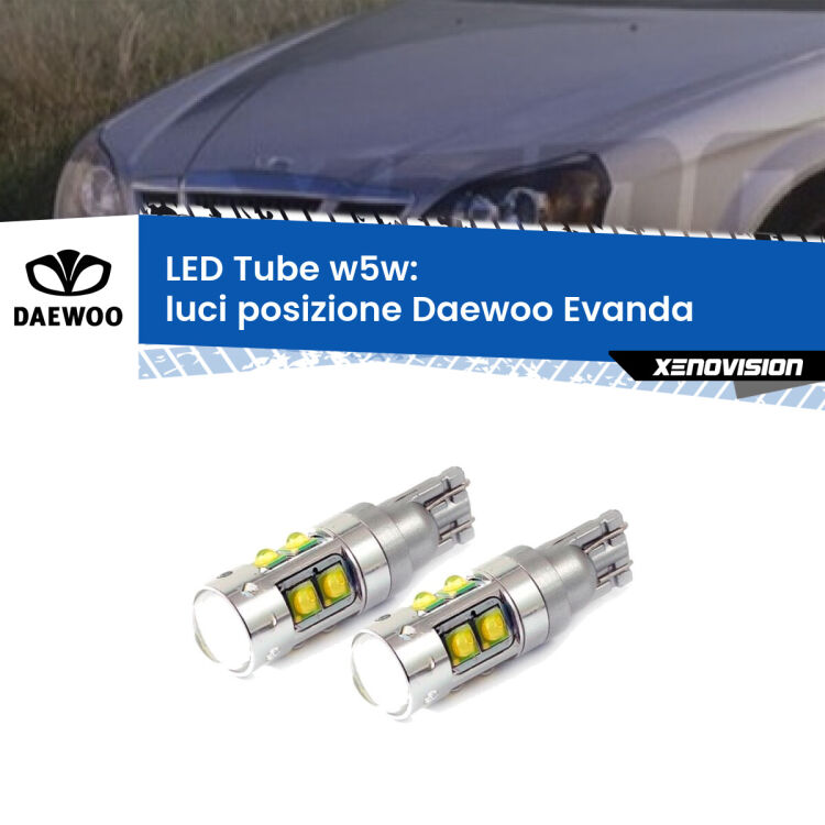 0 Luci posizione LED W5W Daewoo Evanda 2002-2005 W5W Tube <strong>Luci posizione LED 6000k per Daewoo Evanda</strong> 2002-2005. Lampadine <strong>W5W</strong> canbus modello Tube, luce bianco lunare, lunga durata e compatibilità.