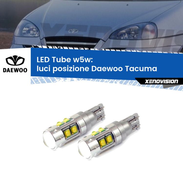 0 Luci posizione LED W5W Daewoo Tacuma 2000-2005 W5W Tube <strong>Luci posizione LED 6000k per Daewoo Tacuma</strong> 2000-2005. Lampadine <strong>W5W</strong> canbus modello Tube, luce bianco lunare, lunga durata e compatibilità.