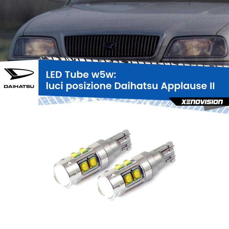 0 Luci posizione LED W5W Daihatsu Applause II 1997-2000 W5W Tube <strong>Luci posizione LED 6000k per Daihatsu Applause</strong> II 1997-2000. Lampadine <strong>W5W</strong> canbus modello Tube, luce bianco lunare, lunga durata e compatibilità.