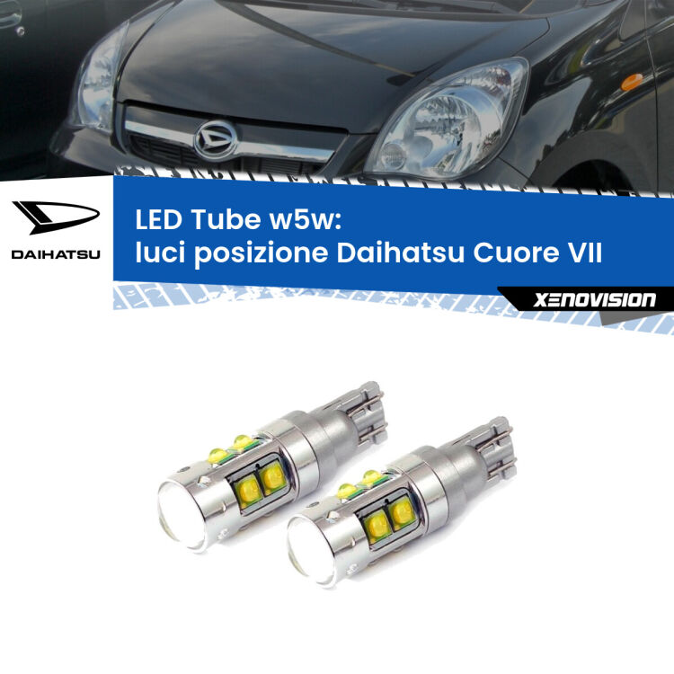 0 Luci posizione LED W5W Daihatsu Cuore VII 2007-2018 W5W Tube <strong>Luci posizione LED 6000k per Daihatsu Cuore VII</strong> 2007-2018. Lampadine <strong>W5W</strong> canbus modello Tube, luce bianco lunare, lunga durata e compatibilità.