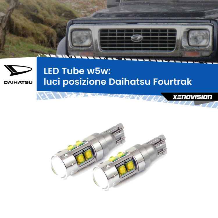 0 Luci posizione LED W5W Daihatsu Fourtrak 1985-1998 W5W Tube <strong>Luci posizione LED 6000k per Daihatsu Fourtrak</strong> 1985-1998. Lampadine <strong>W5W</strong> canbus modello Tube, luce bianco lunare, lunga durata e compatibilità.