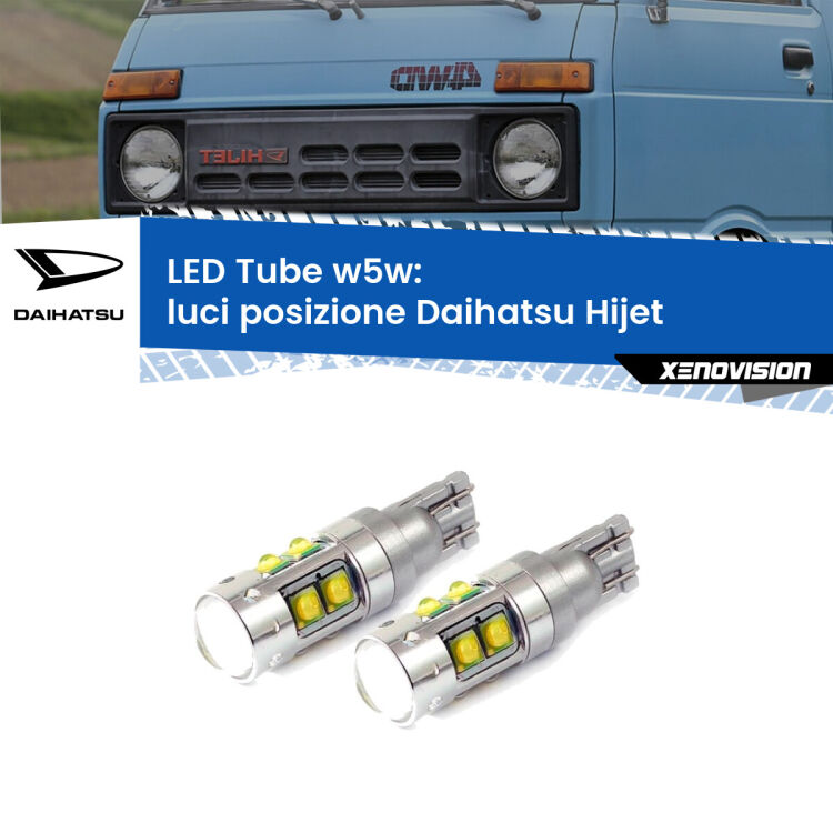 0 Luci posizione LED W5W Daihatsu Hijet 1992-2005 W5W Tube <strong>Luci posizione LED 6000k per Daihatsu Hijet</strong> 1992-2005. Lampadine <strong>W5W</strong> canbus modello Tube, luce bianco lunare, lunga durata e compatibilità.