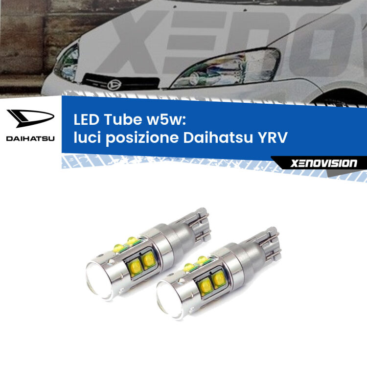 0 Luci posizione LED W5W Daihatsu YRV 2000-2005 W5W Tube <strong>Luci posizione LED 6000k per Daihatsu YRV</strong> 2000-2005. Lampadine <strong>W5W</strong> canbus modello Tube, luce bianco lunare, lunga durata e compatibilità.