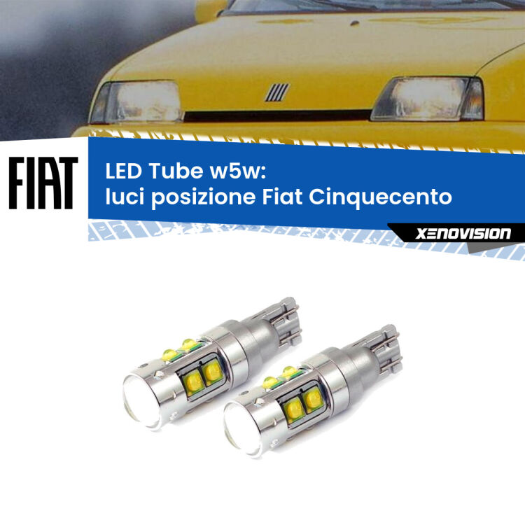 0 Luci posizione LED W5W Fiat Cinquecento 1991-1999 W5W Tube <strong>Luci posizione LED 6000k per Fiat Cinquecento</strong> 1991-1999. Lampadine <strong>W5W</strong> canbus modello Tube, luce bianco lunare, lunga durata e compatibilità.