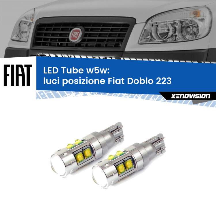 0 Luci posizione LED W5W Fiat Doblo 223 2000-2010 W5W Tube <strong>Luci posizione LED 6000k per Fiat Doblo</strong> 223 2000-2010. Lampadine <strong>W5W</strong> canbus modello Tube, luce bianco lunare, lunga durata e compatibilità.