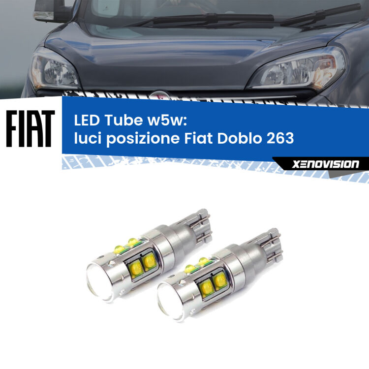 0 Luci posizione LED W5W Fiat Doblo 263 2010-2014 W5W Tube <strong>Luci posizione LED 6000k per Fiat Doblo</strong> 263 2010-2014. Lampadine <strong>W5W</strong> canbus modello Tube, luce bianco lunare, lunga durata e compatibilità.