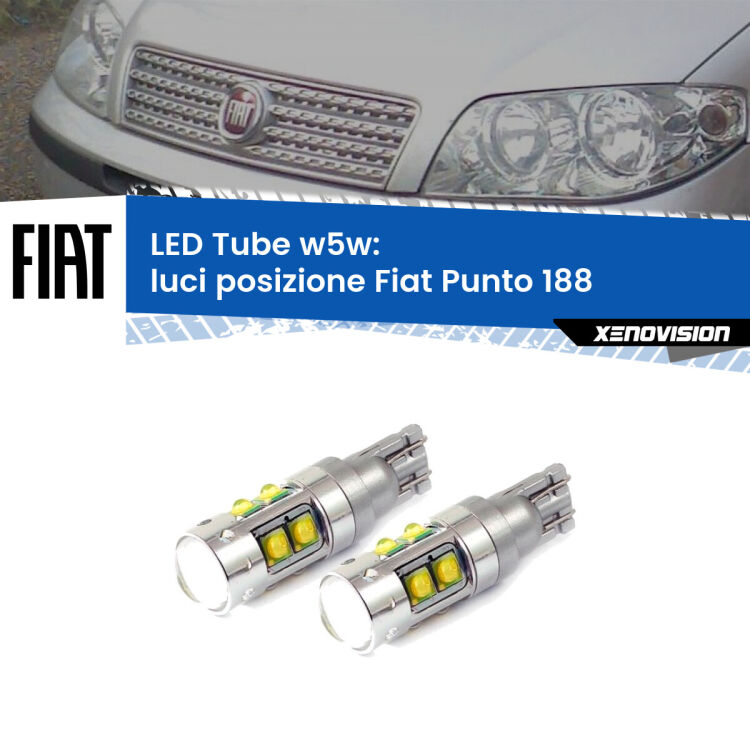 0 Luci posizione LED W5W Fiat Punto 188 1999-2010 W5W Tube <strong>Luci posizione LED 6000k per Fiat Punto</strong> 188 1999-2010. Lampadine <strong>W5W</strong> canbus modello Tube, luce bianco lunare, lunga durata e compatibilità.