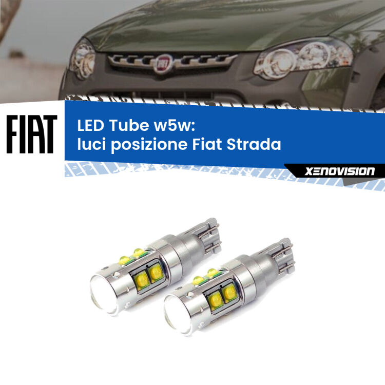 0 Luci posizione LED W5W Fiat Strada 1999-2021 W5W Tube <strong>Luci posizione LED 6000k per Fiat Strada</strong> 1999-2021. Lampadine <strong>W5W</strong> canbus modello Tube, luce bianco lunare, lunga durata e compatibilità.
