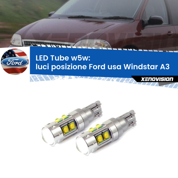 0 Luci posizione LED W5W Ford usa Windstar A3 1995-2000 W5W Tube <strong>Luci posizione LED 6000k per Ford usa Windstar</strong> A3 1995-2000. Lampadine <strong>W5W</strong> canbus modello Tube, luce bianco lunare, lunga durata e compatibilità.