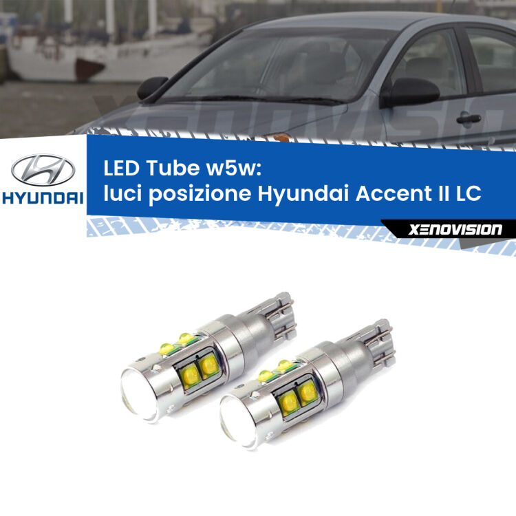 0 Luci posizione LED W5W Hyundai Accent II LC 2000-2005 W5W Tube <strong>Luci posizione LED 6000k per Hyundai Accent II</strong> LC 2000-2005. Lampadine <strong>W5W</strong> canbus modello Tube, luce bianco lunare, lunga durata e compatibilità.