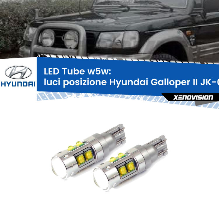 0 Luci posizione LED W5W Hyundai Galloper II JK-01 1998-2003 W5W Tube <strong>Luci posizione LED 6000k per Hyundai Galloper II</strong> JK-01 1998-2003. Lampadine <strong>W5W</strong> canbus modello Tube, luce bianco lunare, lunga durata e compatibilità.