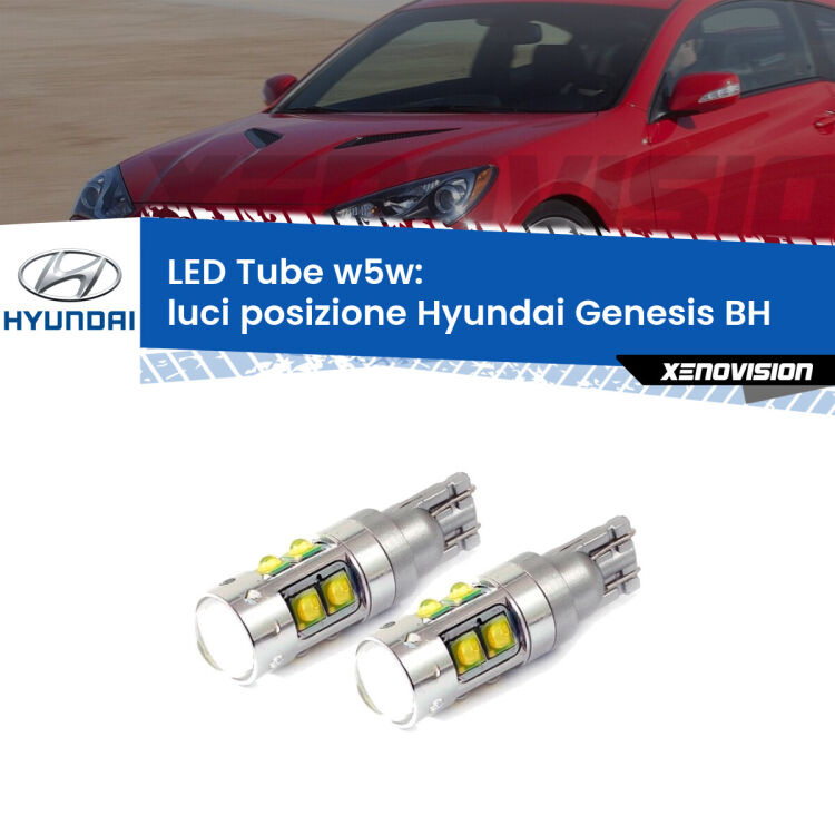0 Luci posizione LED W5W Hyundai Genesis BH 2008-2014 W5W Tube <strong>Luci posizione LED 6000k per Hyundai Genesis</strong> BH 2008-2014. Lampadine <strong>W5W</strong> canbus modello Tube, luce bianco lunare, lunga durata e compatibilità.