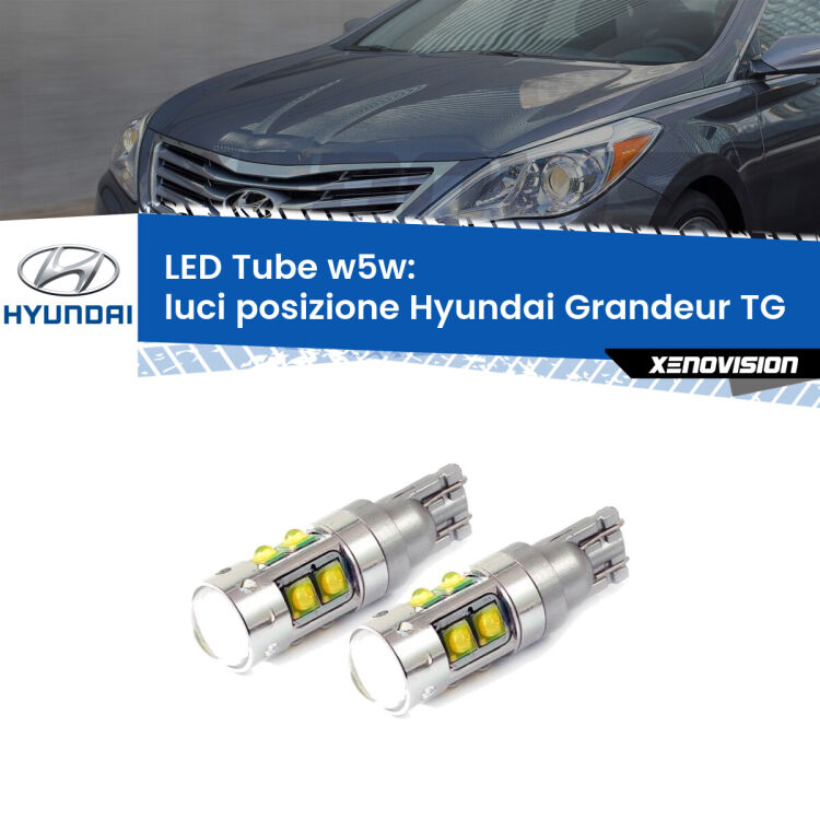 0 Luci posizione LED W5W Hyundai Grandeur TG 2005-2011 W5W Tube <strong>Luci posizione LED 6000k per Hyundai Grandeur</strong> TG 2005-2011. Lampadine <strong>W5W</strong> canbus modello Tube, luce bianco lunare, lunga durata e compatibilità.