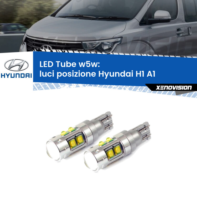 0 Luci posizione LED W5W Hyundai H1 A1 1997-2008 W5W Tube <strong>Luci posizione LED 6000k per Hyundai H1</strong> A1 1997-2008. Lampadine <strong>W5W</strong> canbus modello Tube, luce bianco lunare, lunga durata e compatibilità.