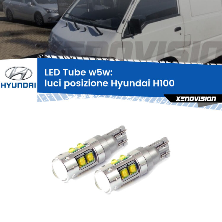 0 Luci posizione LED W5W Hyundai H100  1994-2000 W5W Tube <strong>Luci posizione LED 6000k per Hyundai H100</strong>  1994-2000. Lampadine <strong>W5W</strong> canbus modello Tube, luce bianco lunare, lunga durata e compatibilità.