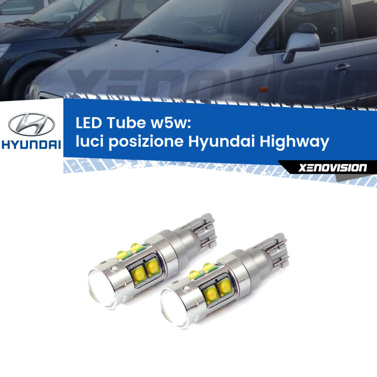0 Luci posizione LED W5W Hyundai Highway 2000-2004 W5W Tube <strong>Luci posizione LED 6000k per Hyundai Highway</strong> 2000-2004. Lampadine <strong>W5W</strong> canbus modello Tube, luce bianco lunare, lunga durata e compatibilità.
