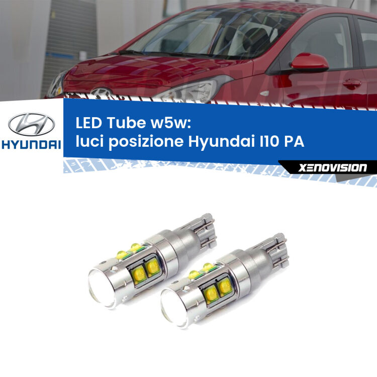 0 Luci posizione LED W5W Hyundai I10 PA 2007-2017 W5W Tube <strong>Luci posizione LED 6000k per Hyundai I10</strong> PA 2007-2017. Lampadine <strong>W5W</strong> canbus modello Tube, luce bianco lunare, lunga durata e compatibilità.