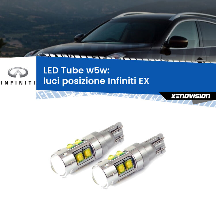 0 Luci posizione LED W5W Infiniti EX 2008in poi W5W Tube <strong>Luci posizione LED 6000k per Infiniti EX</strong> 2008in poi. Lampadine <strong>W5W</strong> canbus modello Tube, luce bianco lunare, lunga durata e compatibilità.