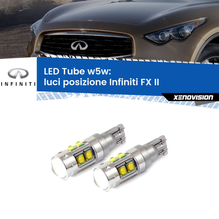 0 Luci posizione LED W5W Infiniti FX II 2008-2013 W5W Tube <strong>Luci posizione LED 6000k per Infiniti FX</strong> II 2008-2013. Lampadine <strong>W5W</strong> canbus modello Tube, luce bianco lunare, lunga durata e compatibilità.